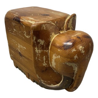 Vintage Boho Wood and Brass Carved Elephant For Sale