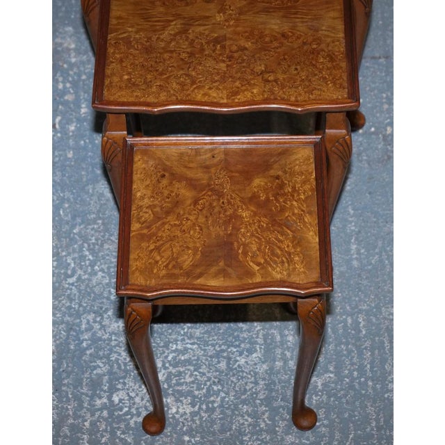 Art Deco Burr Walnut Nesting Tables with Queen Anne Legs, 1920s, Set of 3 For Sale - Image 14 of 15