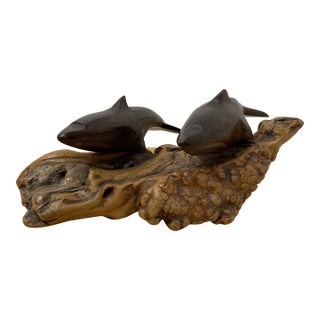 Wooden Dolphins Sculptures Mounted on a Piece of Driftwood For Sale