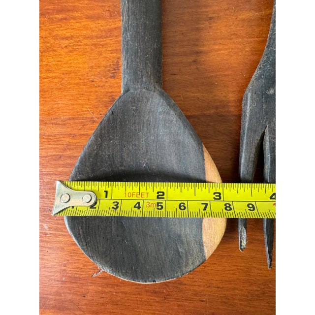 Brown Vintage African Carved Wood Salad Serving Spoon and Fork Utensils For Sale - Image 8 of 9