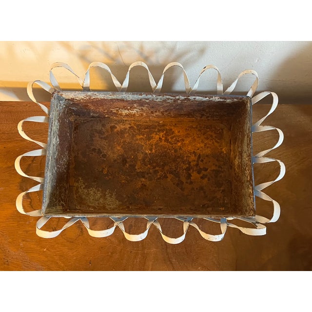 1930's White Painted Zinc Basketweave Cachepot Planter or Jardiniere With Blue Tole Liner on Ball Feet For Sale - Image 14 of 14