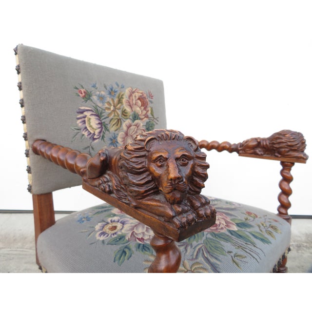Wood Antique Barley Twist Needle Point Carved Lions Hall or Throne Chair ~ Traditional Style Wood Side Accent Art Seating For Sale - Image 7 of 18