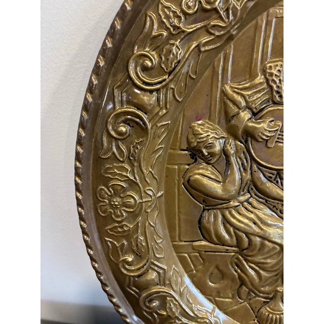 English Embossed Brass Decorative Wall Plate With Medieval Musicians Scene For Sale - Image 13 of 15