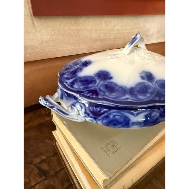 Late 19th Century Antique English Flow Blue Covered Tureen | Staffordshire Serving Dish | Attributed Adams & Son | Victorian Transferware For Sale - Image 5 of 12