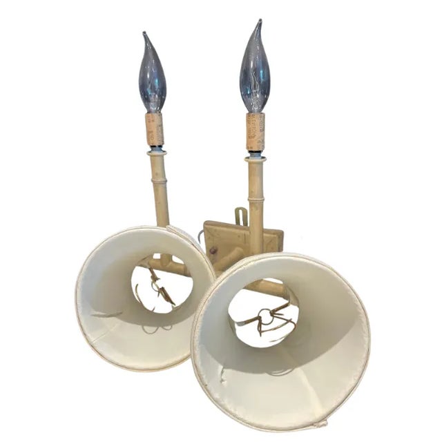 1980s 1980's Faux Bamboo Finish Sconce With Silk Shades For Sale - Image 5 of 8