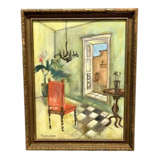 Vintage Spanish Style Naïve Folk Art Interior Painting in Ornate Carved Wood Frame For Sale