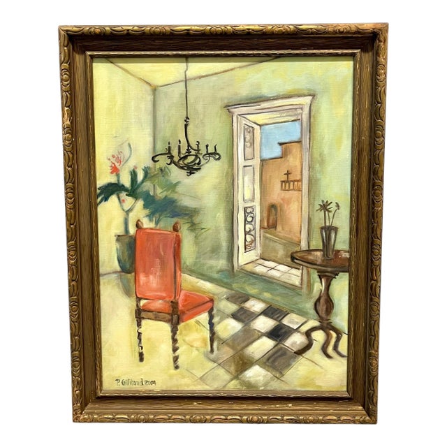 Vintage Spanish Style Naïve Folk Art Interior Painting in Ornate Carved Wood Frame For Sale