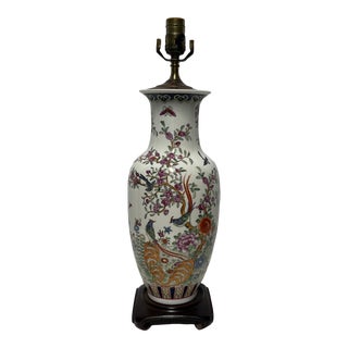 Late 20th Century Chinoiserie Lamp With Floral and Avian Design. Harp and Finial Included For Sale