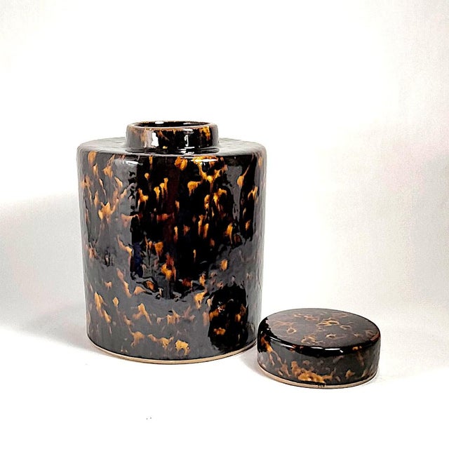 1990s Large Tortoise Shell Enameled Ceramic Ginger Jar | Chairish
