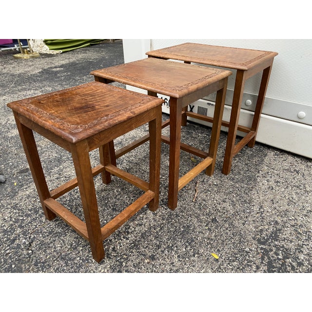 20th Century Boho Chic Carved Solid Wood Nesting Tables - Set of 3 For Sale In Milwaukee - Image 6 of 6