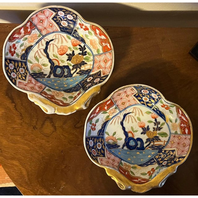 Coalport Porcelain Early 19th Century Coalport Imari Porcelain Shell Shaped Dessert Dishes Rock & Tree Pattern - a Pair For Sale - Image 4 of 6