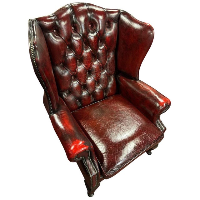 English Chesterfield Wingback Armchair in Dark Red Leather For Sale - Image 6 of 9