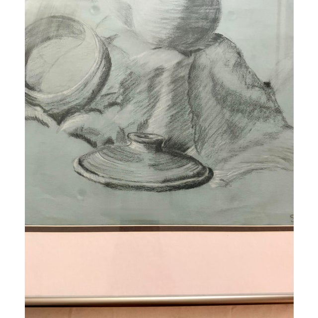 1979 Original Signed Modernist Charcoal Still Life on Blue Paper by Siegel For Sale - Image 4 of 7
