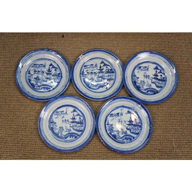 Antique Chinese Export Canton Blue White Pagoda Willow Tree Boat Plates 10" - Set of 16 For Sale - Image 6 of 10