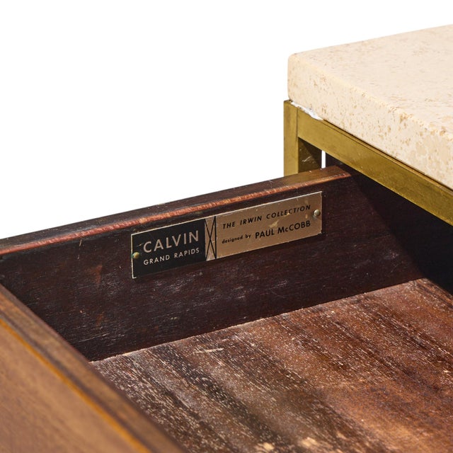 Paul McCobb for Calvin Irwin Group Model 8714 Mid Century Bleached Mahogany, Cane, Brass and Travertine Nightstand - Pair For Sale - Image 13 of 13