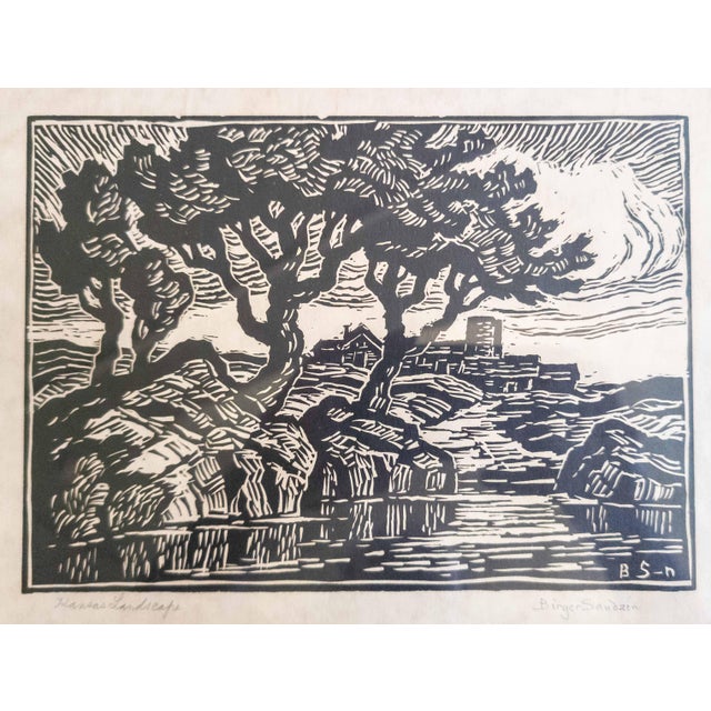 We are selling this Mid-century linocut print by famed artist Birger Sandzen. This simple linocut woodblock style print...