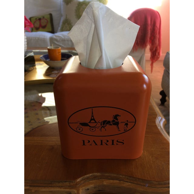 French Hermès Inspired Orange Paris Equestrian Tissue Holder For Sale In Denver - Image 6 of 7