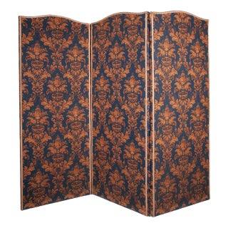 Antique Room Divider Paravent Folding Screen with Blue and Gold Fabric, 1900 For Sale