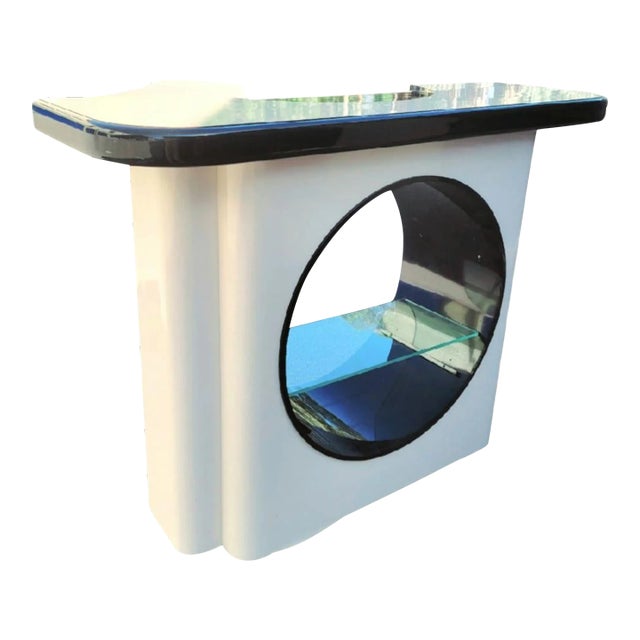 Vintage Mid Century Modern Black Cream Veneer PortHole 12 Bottle Holder Dry Bar With Light For Sale