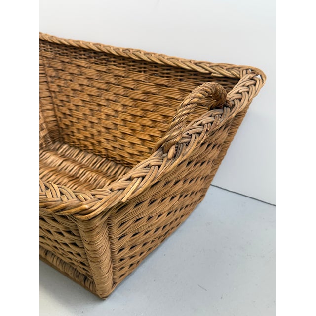 Wonderful, large antique rectangular basket with handles and wood supports on the bottom. Excellent, sturdy condition with...