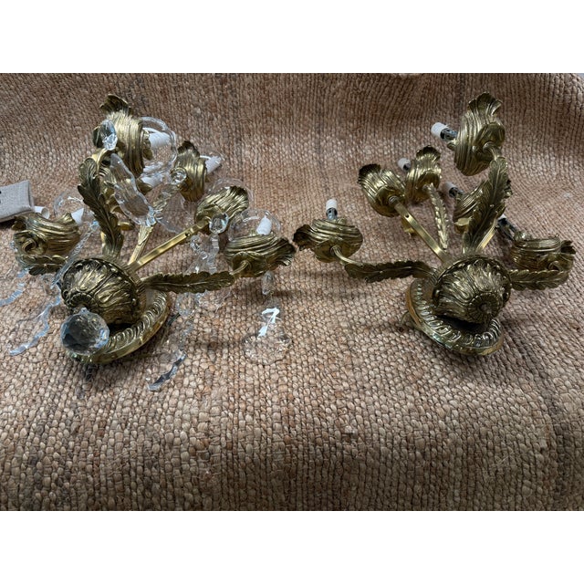 Pair of Preciosa-Lustry Czech Brass Six-Light Wall Sconces For Sale - Image 4 of 7