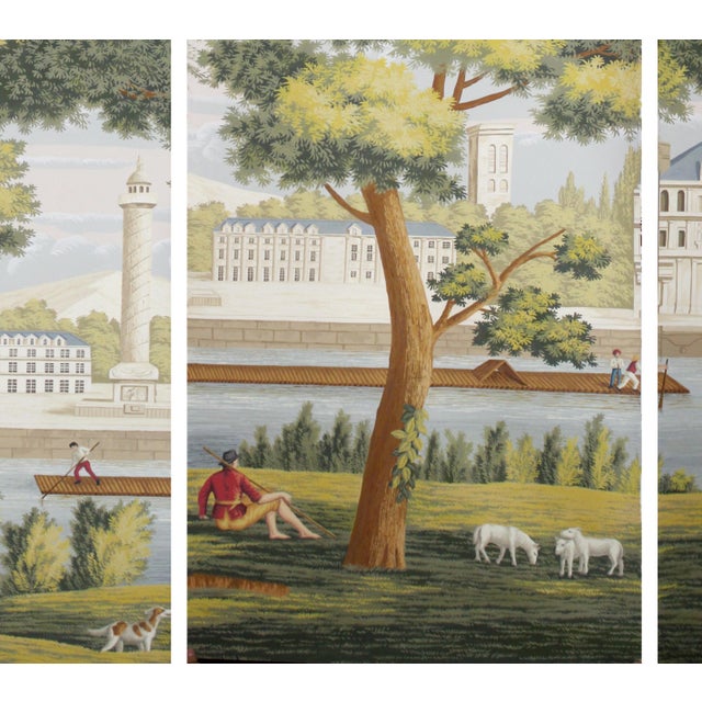 Traditional European Pastoral Scene Hand-Painted Wallpaper, Unframed For Sale - Image 4 of 4