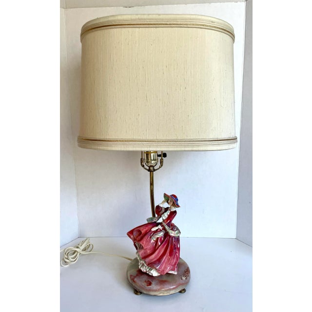 Red 1930s Pair of English Royal Doulton Lady Figurines on Onyx Lamps For Sale - Image 8 of 13