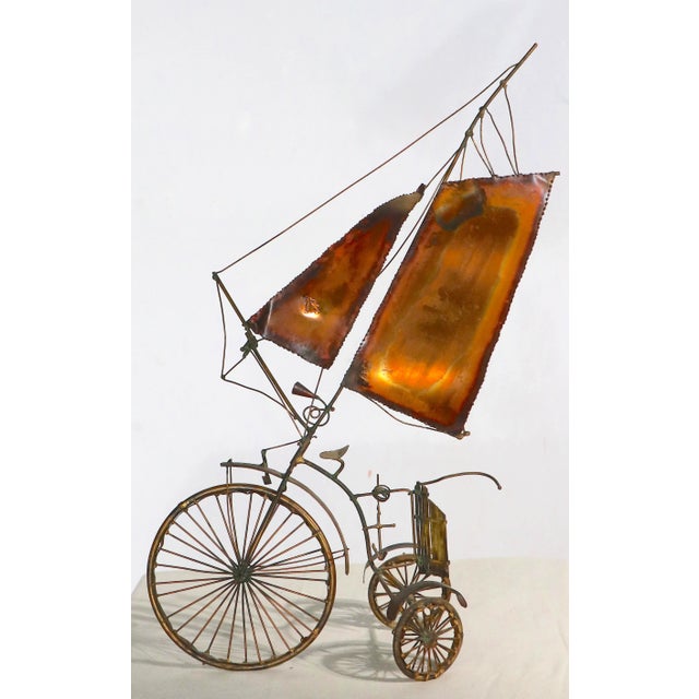 Brutalist Metal Tricycle With Sails Freestanding Sculpture Signed Illegibly, After Jere Circa 1970's For Sale - Image 9 of 9