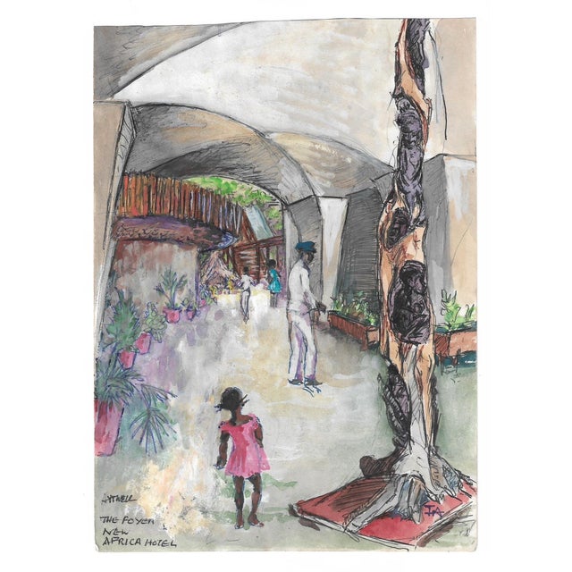 Double sided painting on paper by English artist Ivy Attwell (1895-1985) of the foyer of the New Africa Hotel on one side,...