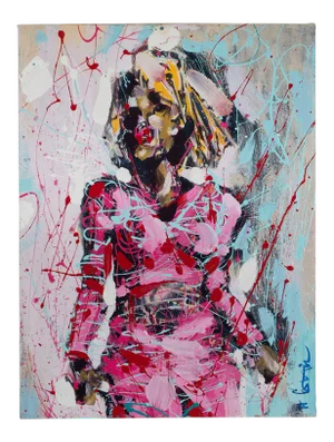 "Portrait of a Woman in Pink" Contemporary Modernist Abstract Figurative Oil Painting by Costain