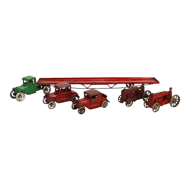 6-Piece Arcade Cast Iron & Pressed Steel Car Carrier Truck Cars & Tractors C1920 For Sale