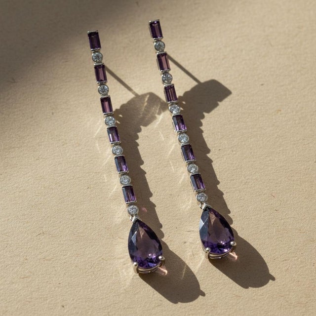 Modern Amethyst Long Drop Earrings, Silver, Gold, Pair For Sale - Image 3 of 7