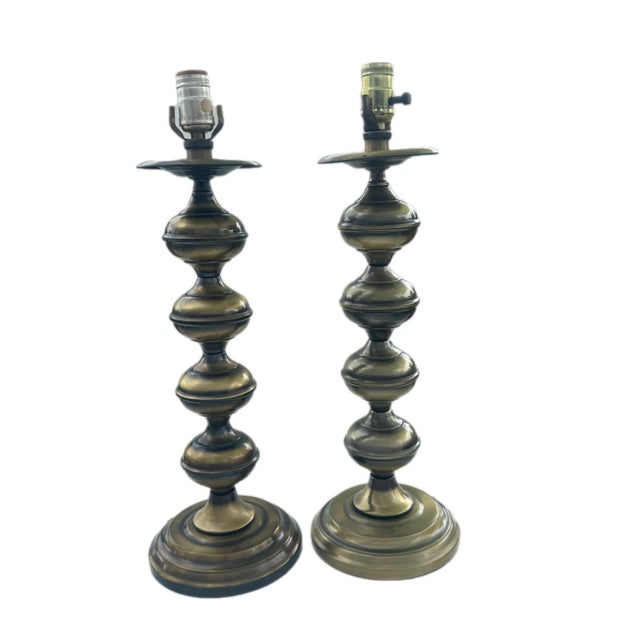 1960s Mid Century Modern Brass Tone Stacked Cylinder Table Lamp- A Pair For Sale - Image 5 of 12