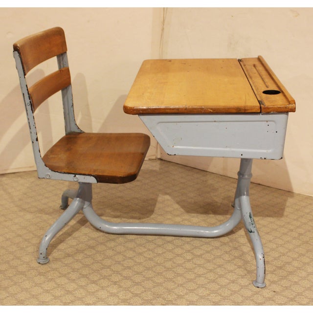 Mid-20th century American Seating Company Child's School Desk. Made in Grand Rapids, MI. Metal with maple & bird's eye...