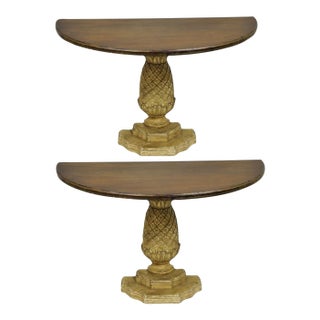 Hollywood Regency Carved Wood Pineapple Demilune Console Hall Tables - A Pair For Sale