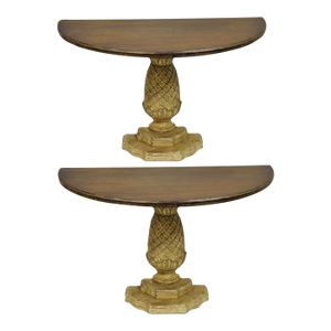Hollywood Regency Carved Wood Pineapple Demilune Console Hall Tables - A Pair