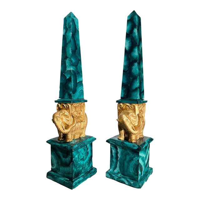Pair of Grand Tour Faux Malachite Hand Painted & Gilded Obelisks of Minerva For Sale