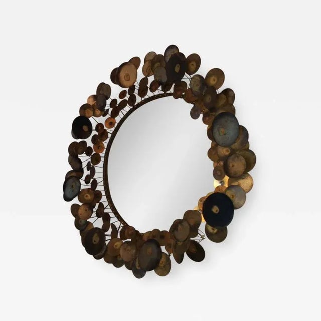 Copper 1970 Signed Curtis Jere Deep Toned Raindrops Round Mirror For Sale - Image 8 of 8