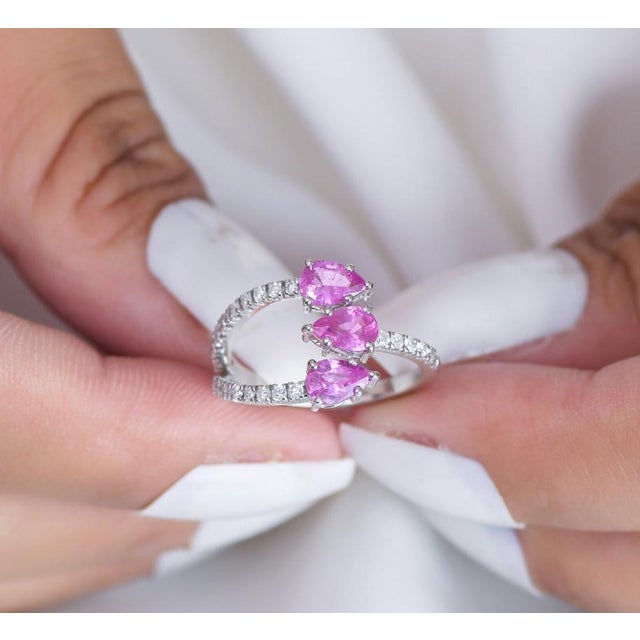 Pink sapphire three stone pear cut diamond eternity band ring gold Natural open pink sapphire ring gold Pink sapphire...