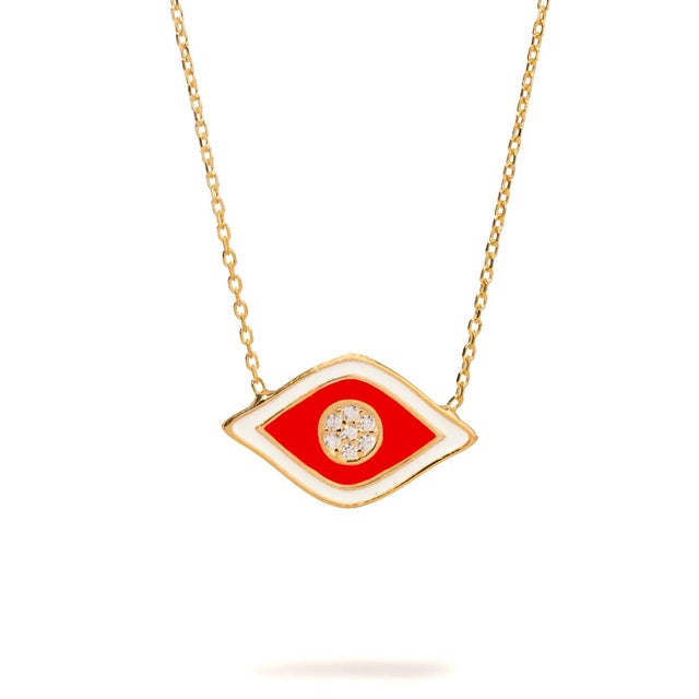 Metal Vivid Orange Enamel Evil Eye Pendant Gold & Diamond Necklace For Sale - Image 7 of 7