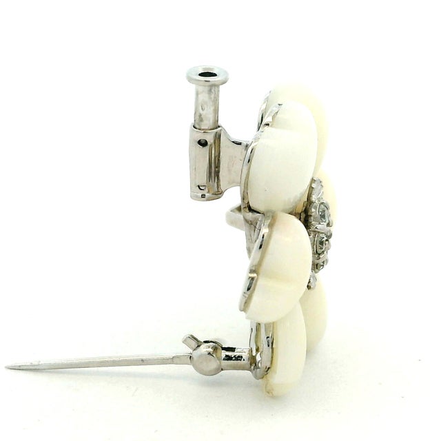 Mid-Century Modern Vintage Italian 18k White Gold Mother-of-Pearl Diamond Flower Brooch, 1970s For Sale - Image 3 of 16