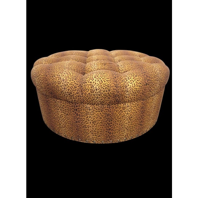 Hollywood Regency Massive Round Upholstered Tufted Leopard Ottoman For Sale - Image 3 of 7