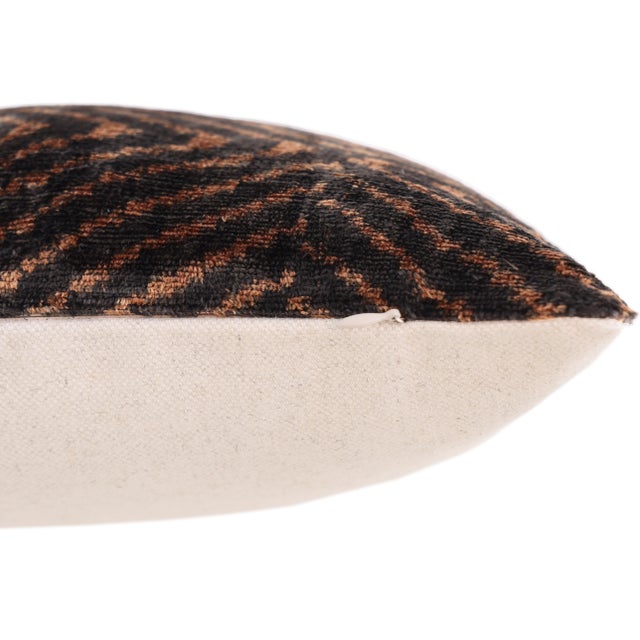 Textile Hand-Knotted Silk Velvet Ikat Diamond Pillow - 16x16 Coffee & Bronze For Sale - Image 7 of 8