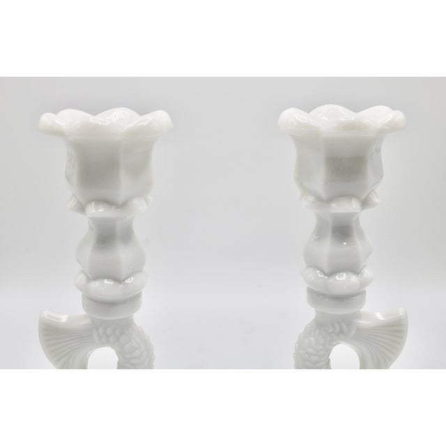 White Vintage Coastal White Milk Glass Dolphin Form Candlesticks For Sale - Image 8 of 10