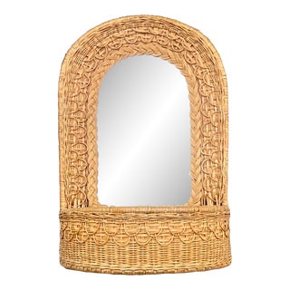 Vintage Coastal Woven Rattan Wall Pocket Mirror For Sale