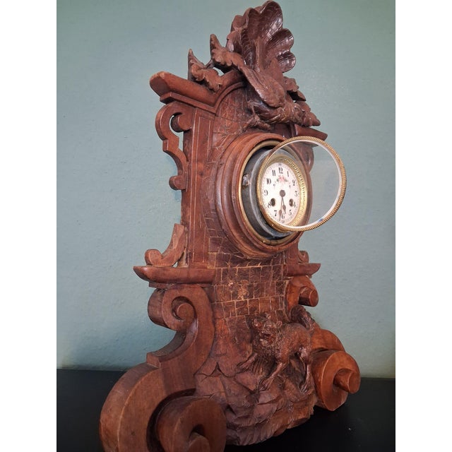 Metal Black Forest Clock with Fox & Bird, 1920 For Sale - Image 7 of 14
