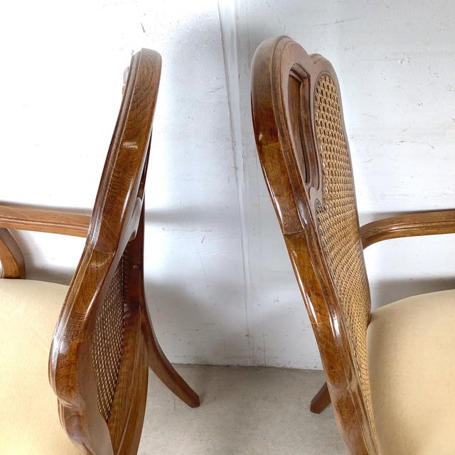 Pair of Vintage Provincial Walnut & Cane High-Back Armchairs With Burlwood Crest For Sale - Image 9 of 18