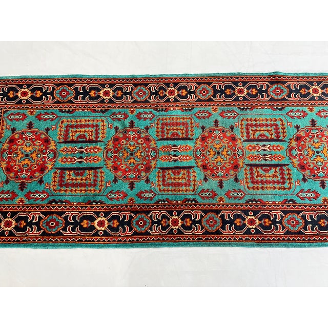Art Deco Turquoise Floral Geometric Tribal Wool Runner, 2'9" X 6'7" For Sale - Image 3 of 13