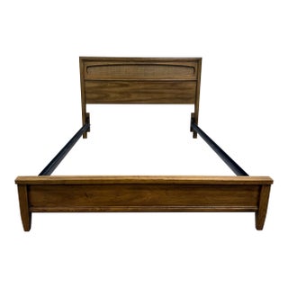 Vintage Full Size Mid Century Modern Walnut and Woven Cane Bed For Sale