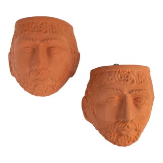 Vintage Terracotta Male God Face Wall Planters by Rookes Pottery - Set of Two For Sale